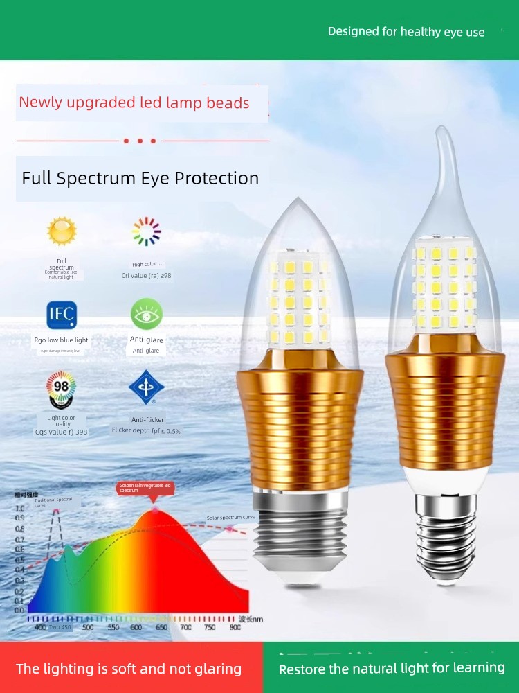 Led Light Bulb E14 Small Screw Base E27 Threaded Base Household Energy-Saving Lamp 12W Pointed Bulb Crystal Chandelier Candle Light Source