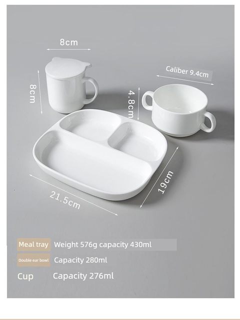 Healthy bone porcelain baby meal tray ceramic partition meal tray children tableware fat reduction meal tray household white porcelain plate