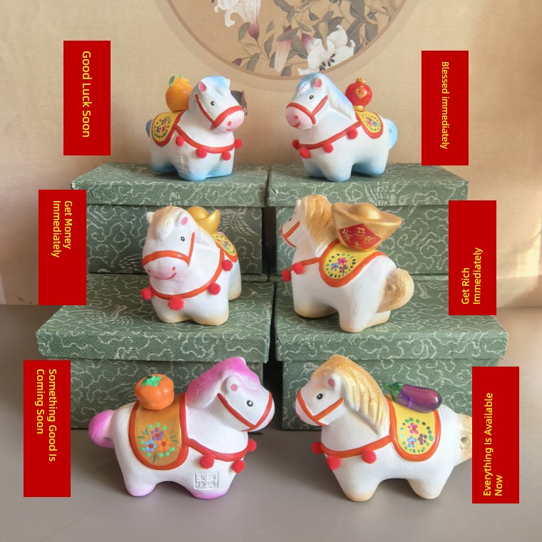 Twelve Zodiac Clay Sculptures - Year of the Horse Lucky Charm Cute Desktop Ornaments - Tianjin Clay Sculpture Crafts Souvenirs