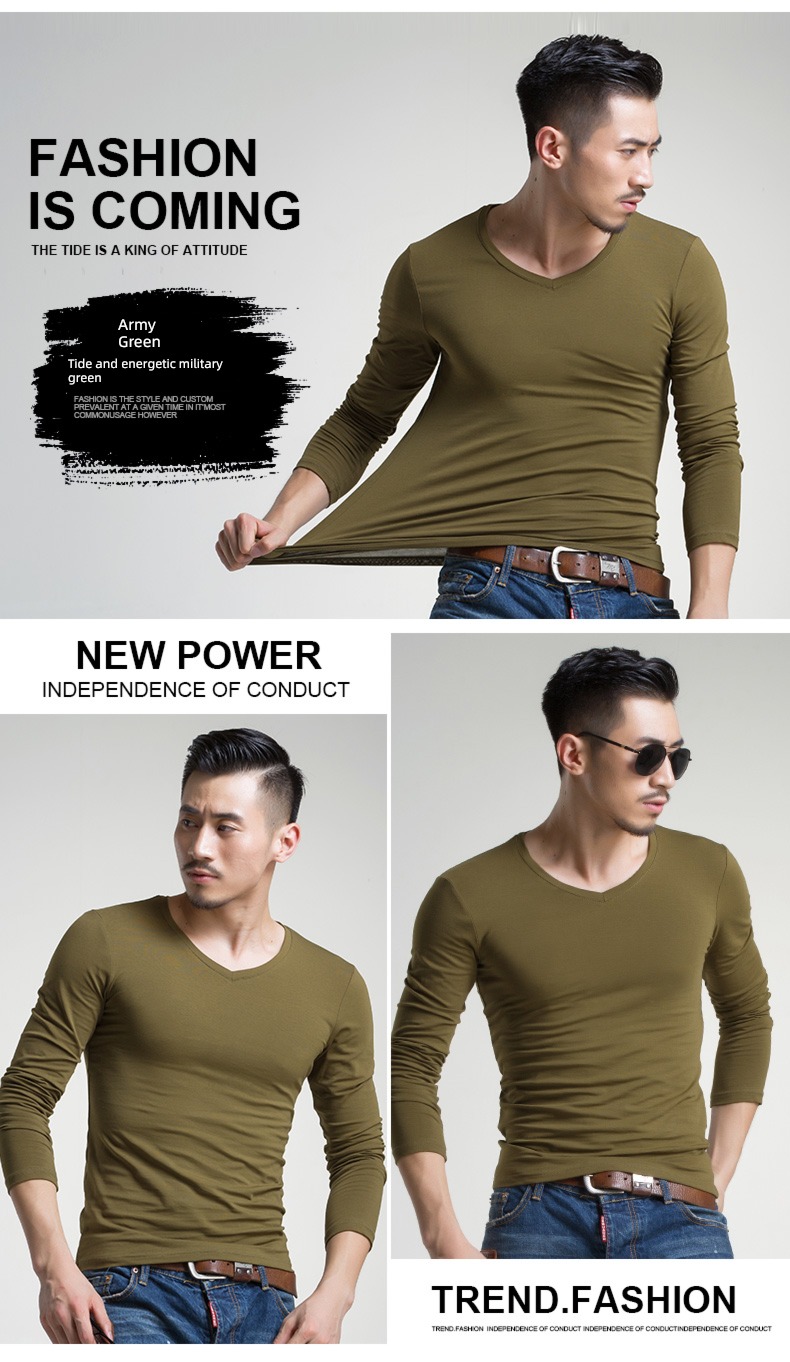 man V-collar Spring  Inner lap Tight fitting Long sleeve T-shirt