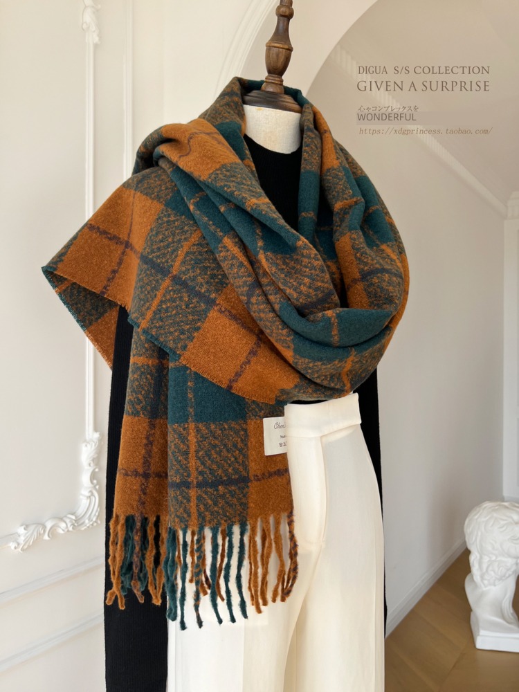 female Color matching Retro Autumn and winter lattice wool Shawl scarf