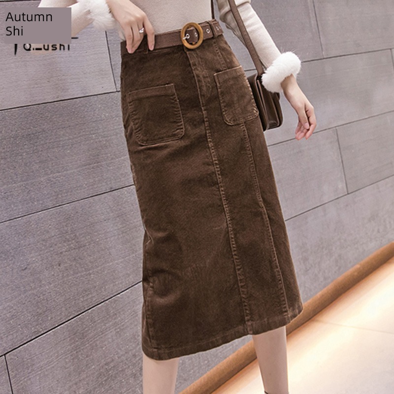 corduroy Spring  Medium and long term A word Half body skirt
