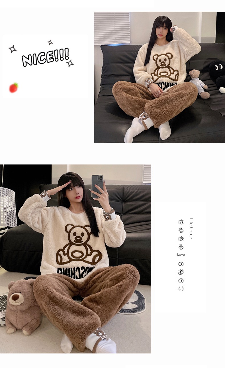 thickening Coral velvet Cartoon Embroidery Winter money lovers pajamas