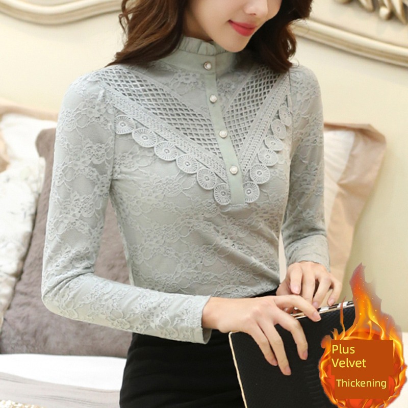Plush thickening Lace Undershirt female 2022 Autumn and winter new pattern   Long sleeve High collar Foreign style Small shirt Fashion match jacket