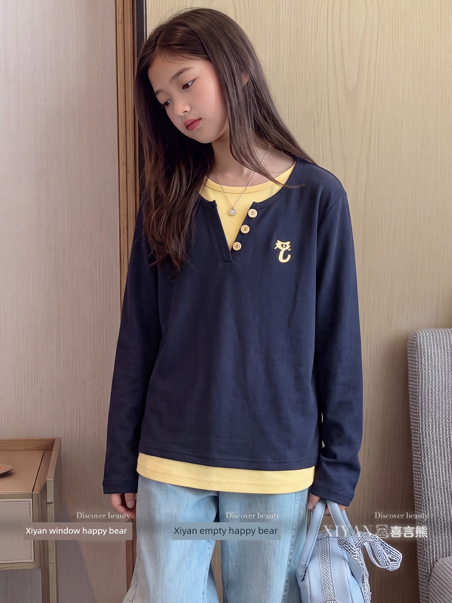 Girls' Long-Sleeve T-Shirt Autumn Outfit Henley Collar Top for Older Girls Autumn Base Shirt Faux Two-Piece Spring and Autumn Style Children's Wear — 6
