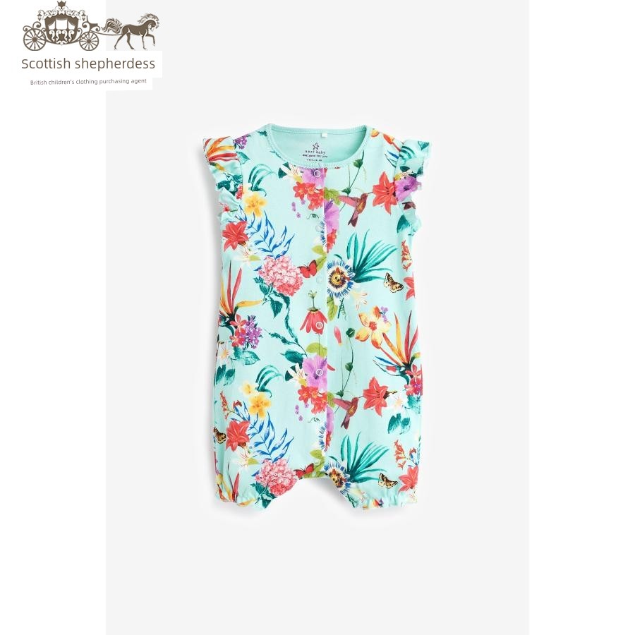 In-Stock Next Children's Clothing for Girls, Pink Floral Bird Print Sleeveless Short-Sleeve Romper Jumpsuit — 34