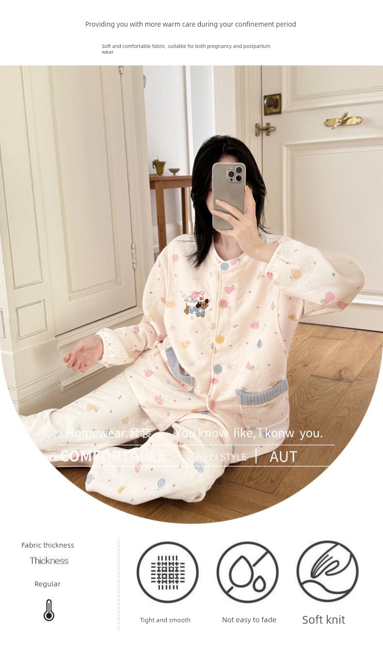 Spring, Autumn, and Winter Maternity Pajamas with Chest Pads, Thickened Air Cotton, No Need to Wear Underwear, Layered Maternity Sleepwear with Hood Set — 22