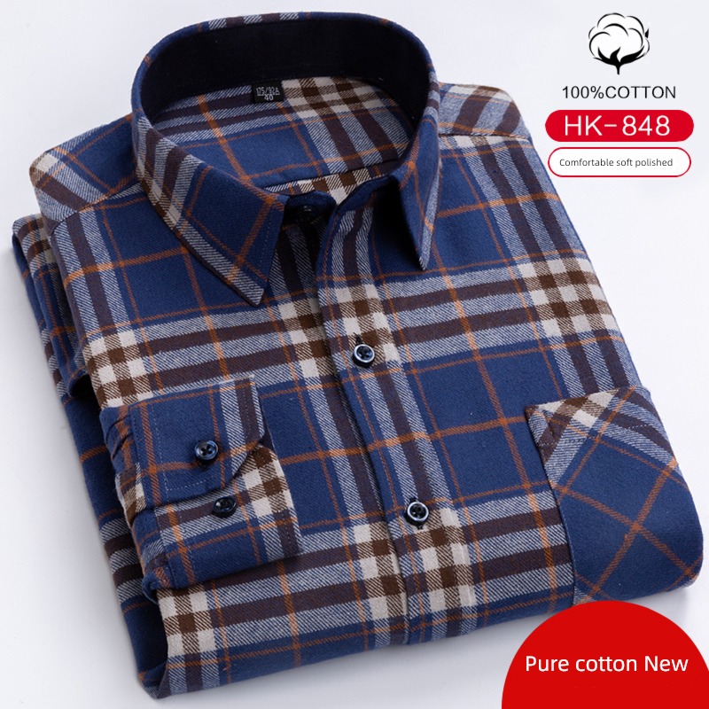 Long sleeve Cotton Sanding leisure time middle age lattice shirt