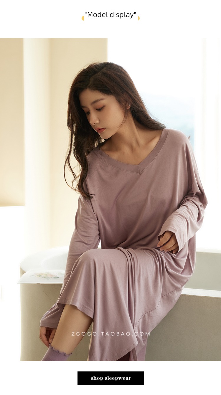 modal  Spring and Autumn Over the knee Solid color Korean version Nightdress
