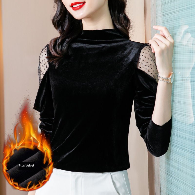Autumn and winter Half high collar black Plush T-shirt fashion Lace