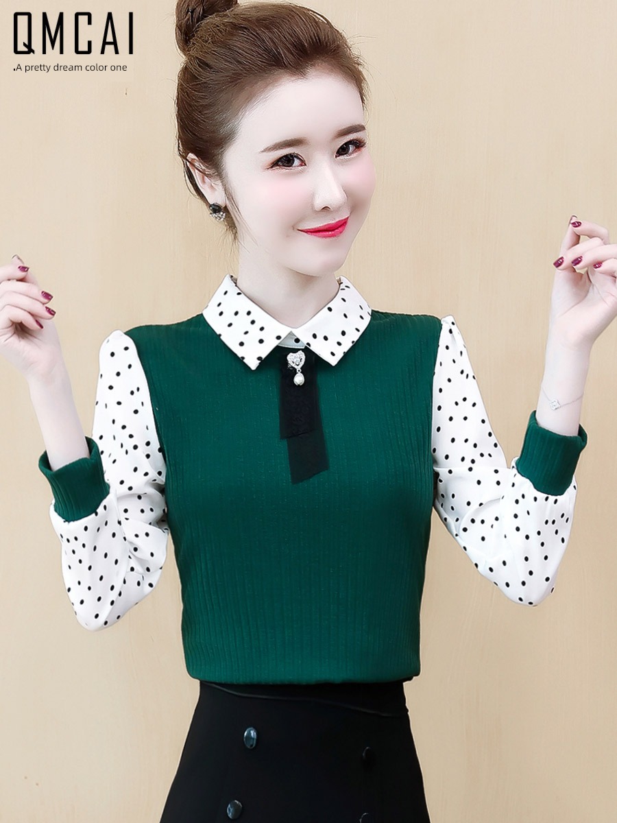 Age reduction Long sleeve fashion Wave point Plush Overlapping wear Fake two
