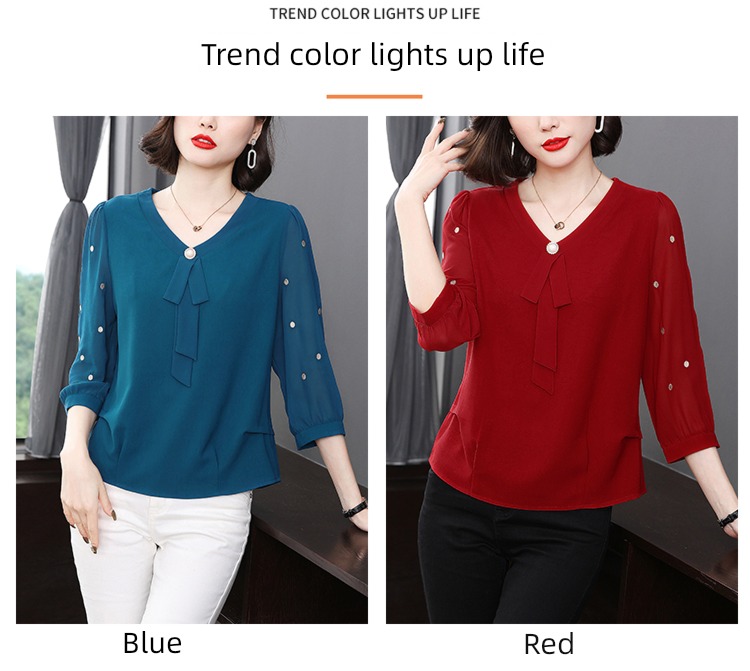 middle age mom easy three quarter sleeve Chiffon shirt summer wear