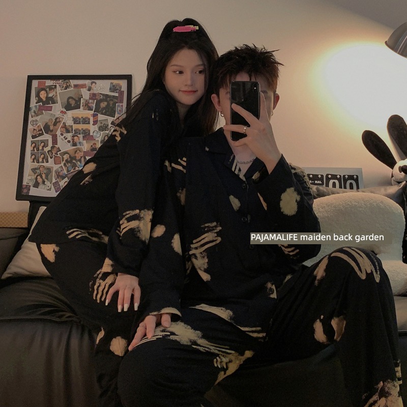Internet celebrity the republic of korea ins black female pure cotton lovers pajamas