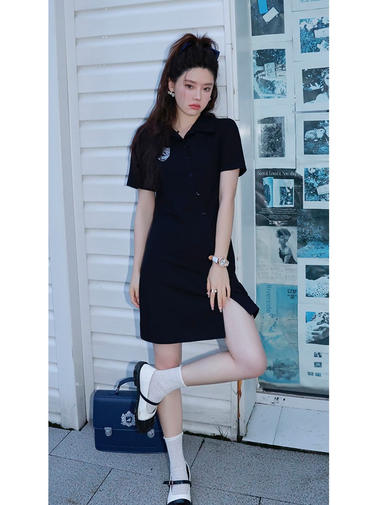 Blue language Fat sister mm leisure time Polo collar Dress