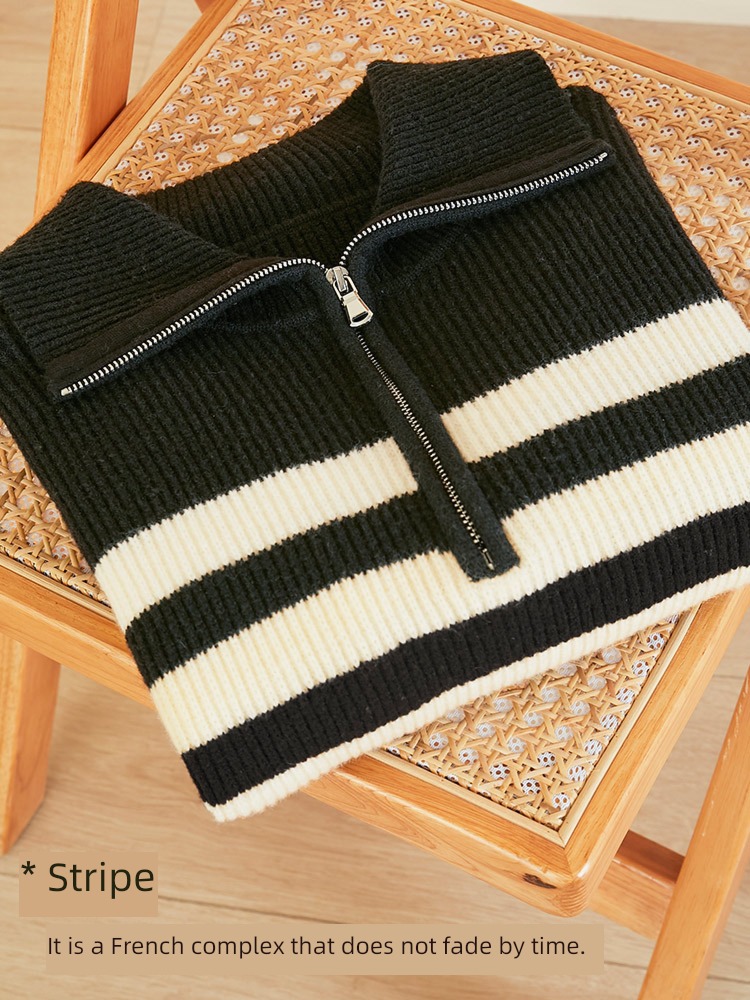 Tricolor Autumn and winter Color contrast stripe Half zipper Lapel sweater