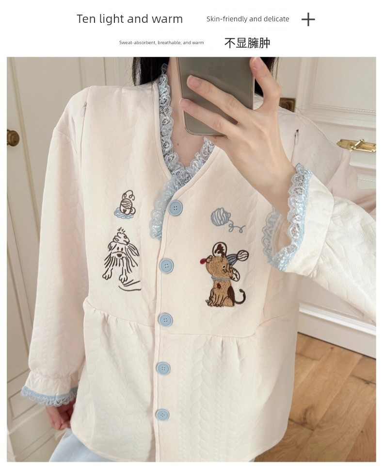 Spring, Autumn, and Winter Maternity Pajamas with Chest Pads, Thickened Air Cotton, No Need to Wear Underwear, Layered Maternity Sleepwear with Hood Set — 11