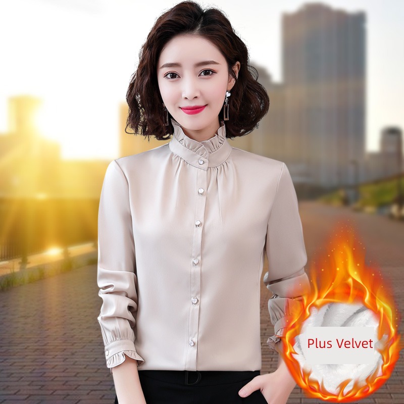 Plush stand collar shirt Versatile Chiffon Long sleeve Undershirt