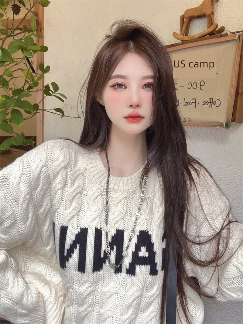 Coffee little chap heavy industry Hemp flowers letter hold the waist sweater