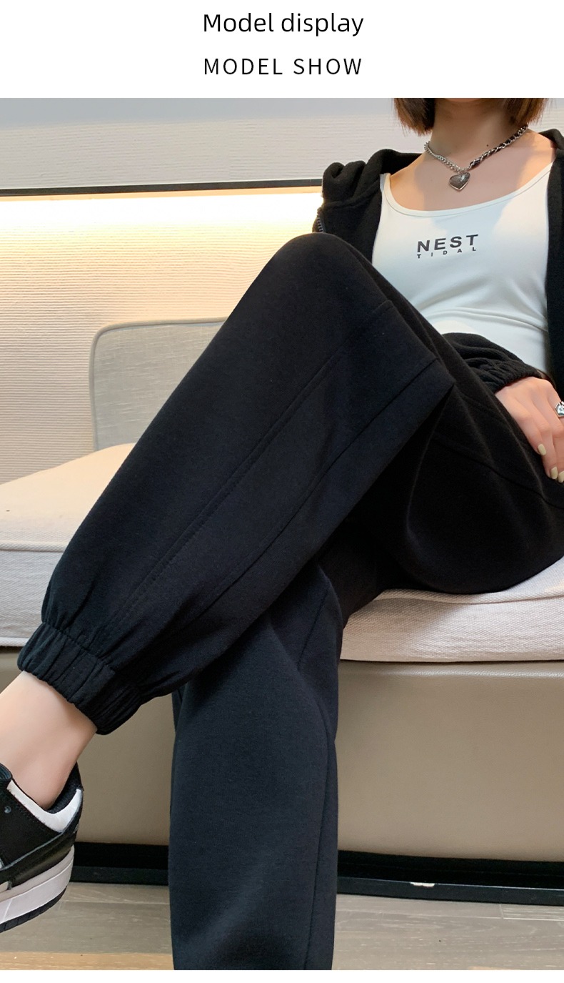 female Autumn and winter Plush Tie one's feet Show thin grey leisure time sweatpants