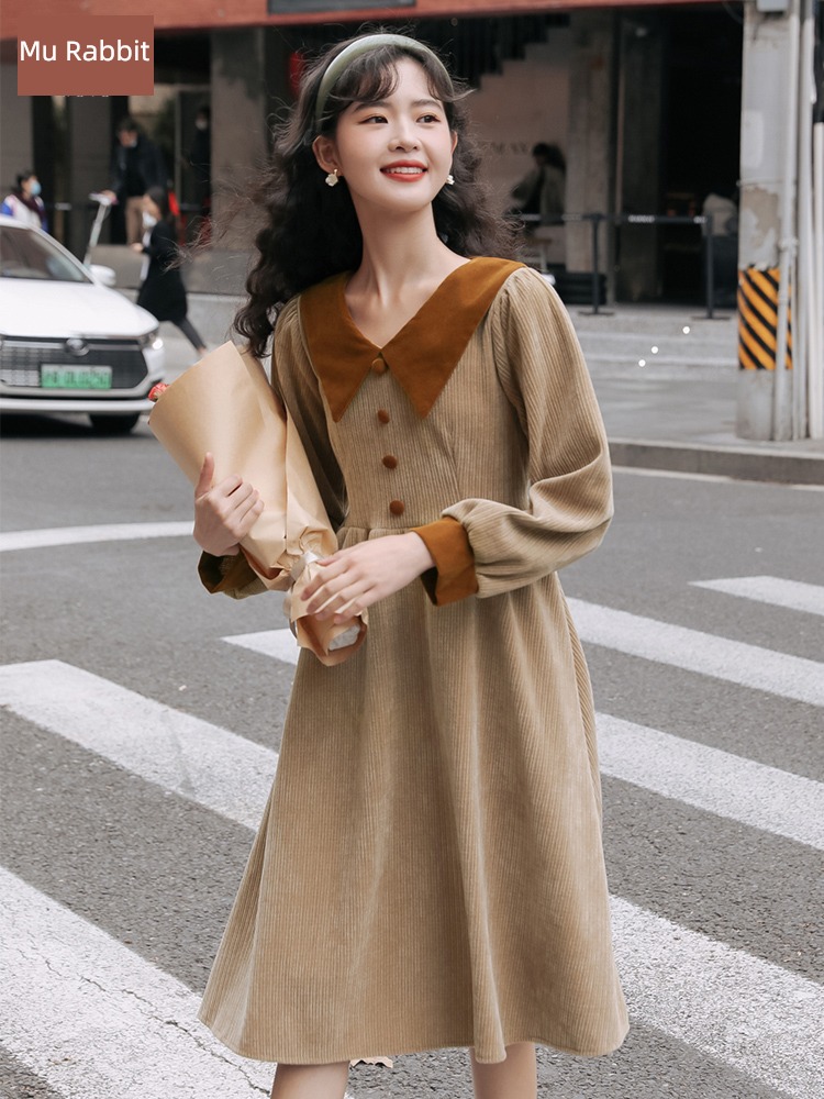 Moxa rabbit Retro corduroy Doll Collar Long sleeve Dress
