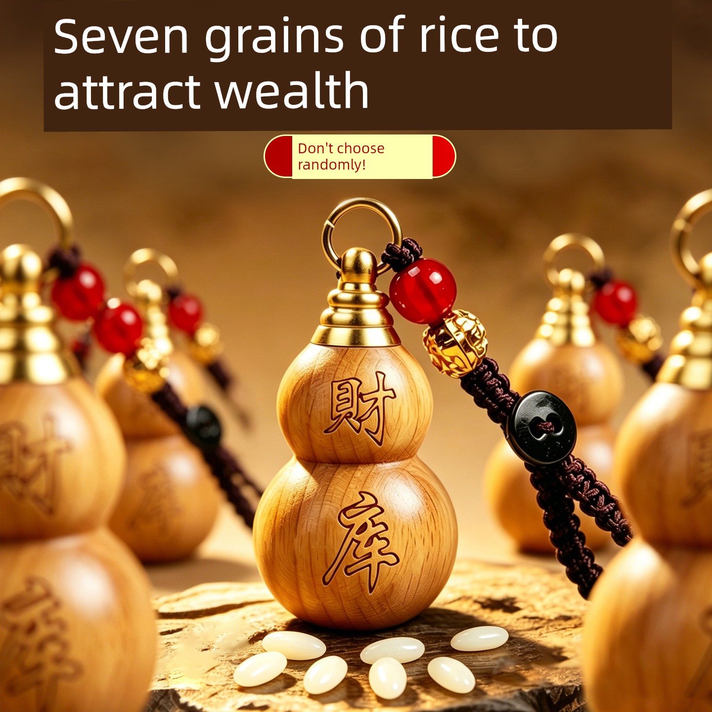 Putuo Seven Rice Grains Peach Wood Gourd Pendant 7 Rice Grains Wealth-Attracting Keychain Treasure Treasure for Men and Women Car Protection and Safekeeping