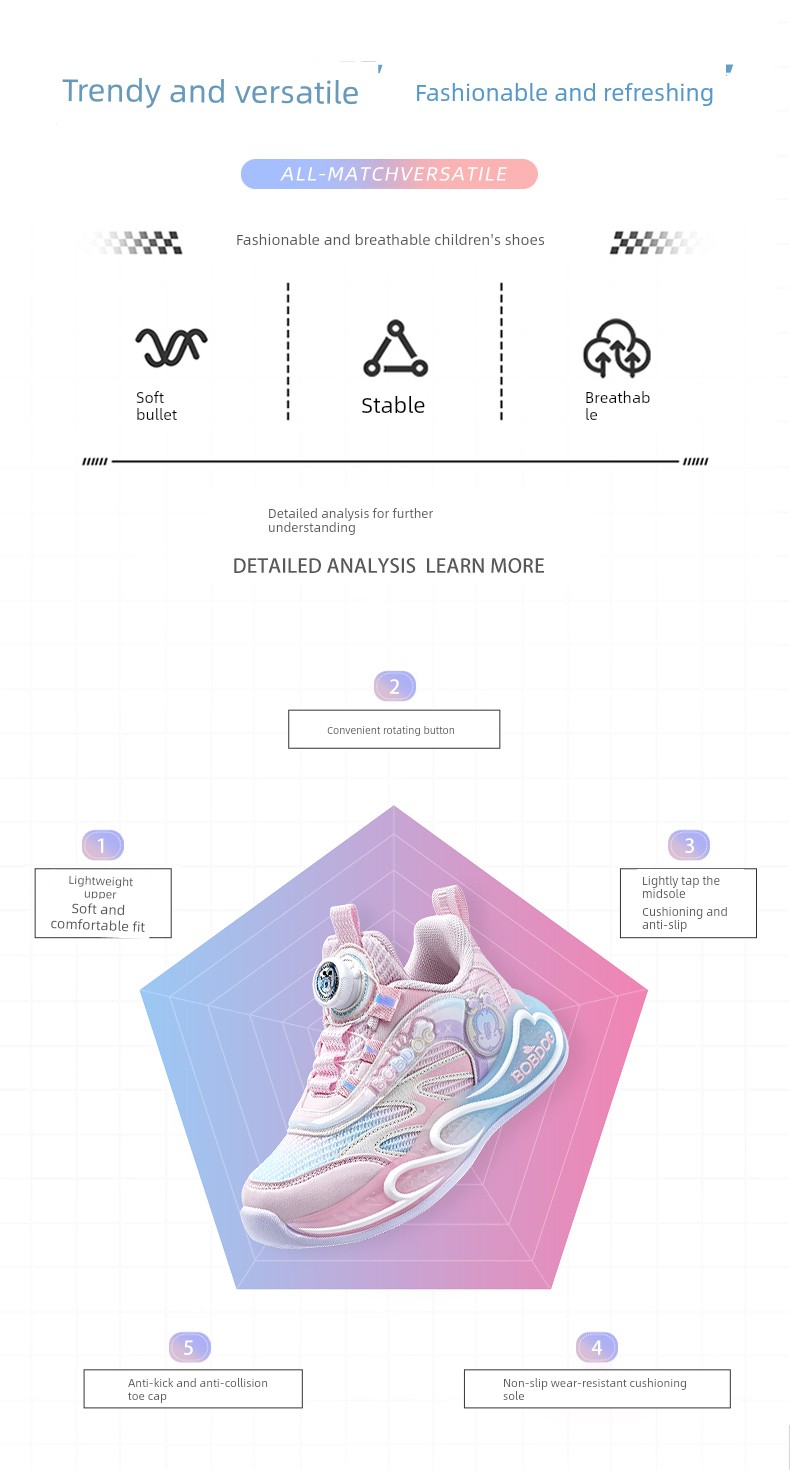 Babudou Girls' Shoes Sneakers 2026 Spring & Fall New Style Breathable Mesh Rotating Buckle Girls' Kidsren's Running Shoes — 2