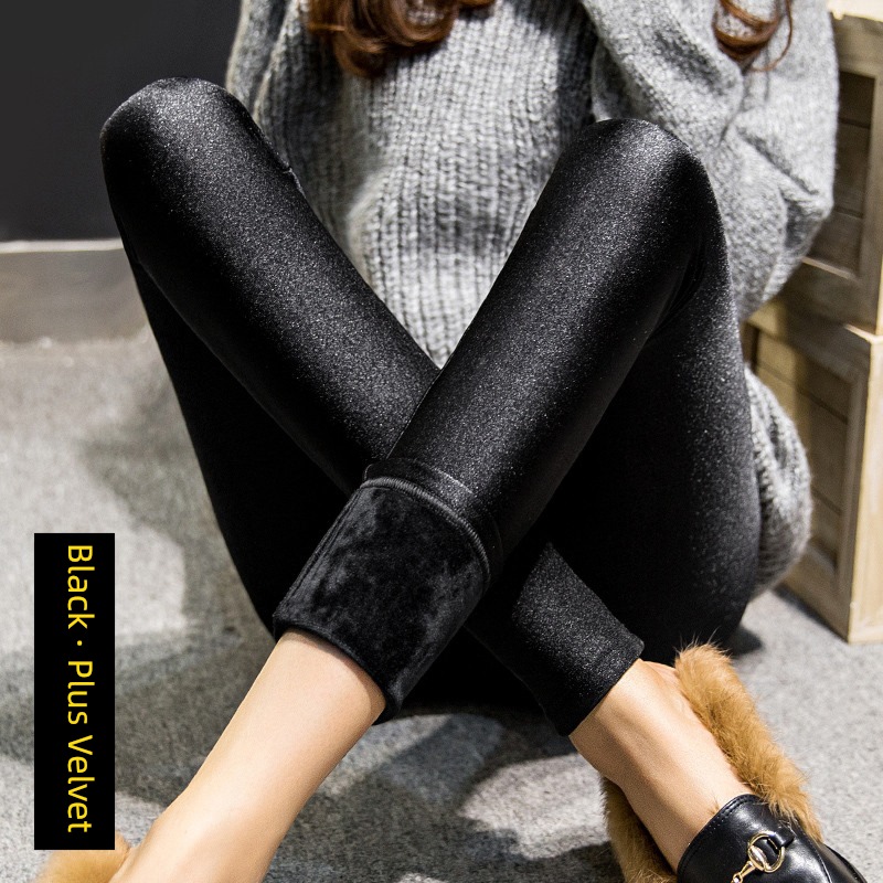 Autumn and winter Plush middle-waisted nylon Big size Nine points Glossy pants