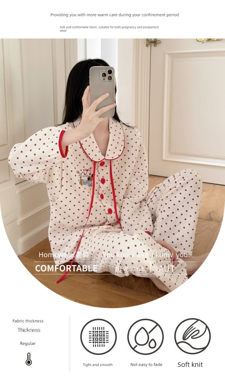 Spring, Autumn, and Winter Maternity Pajamas with Chest Pads, Thickened Air Cotton, No Need to Wear Underwear, Layered Maternity Sleepwear with Hood Set — 14