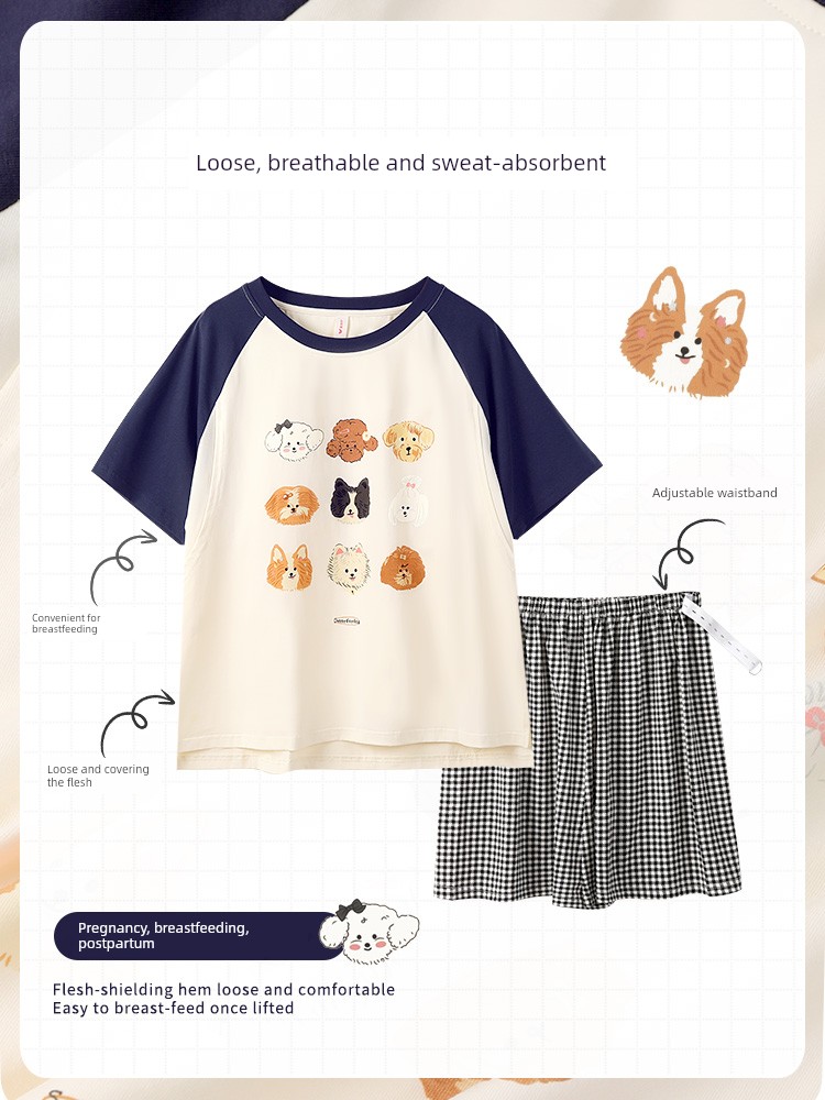 With Chest Pads [Can Be Worn Outside] Summer Short-Sleeved Thin Postpartum Maternity Cotton Pajamas Maternity Delivery and Nursing Clothing Set