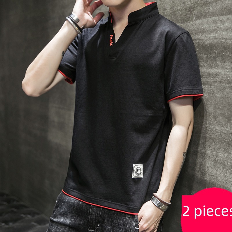 man Solid color stand collar Chaopai Undershirt Short sleeve T-shirt