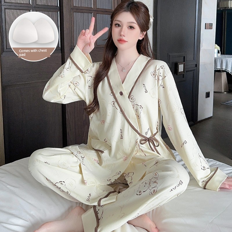 Simple Style Maternity Pajamas with Chest Pads, Pure Cotton, Thin Summer and Autumn Postpartum Nursing Sleepwear for Pregnant Women, All-Cotton for Autumn — 6