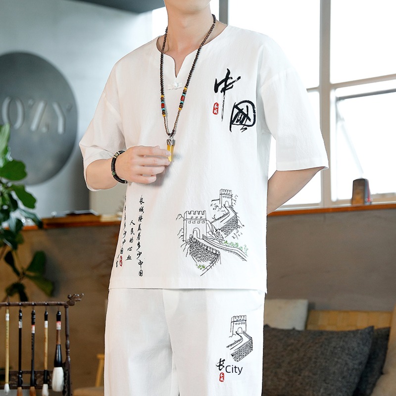 tide Chinese style man Short sleeve The new pure cotton flax