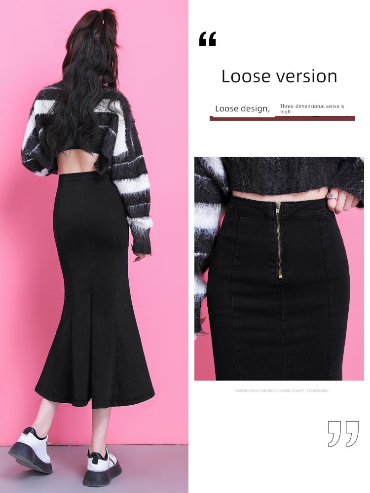 Black grey spring and autumn Medium and long term little chap Fishtail skirt