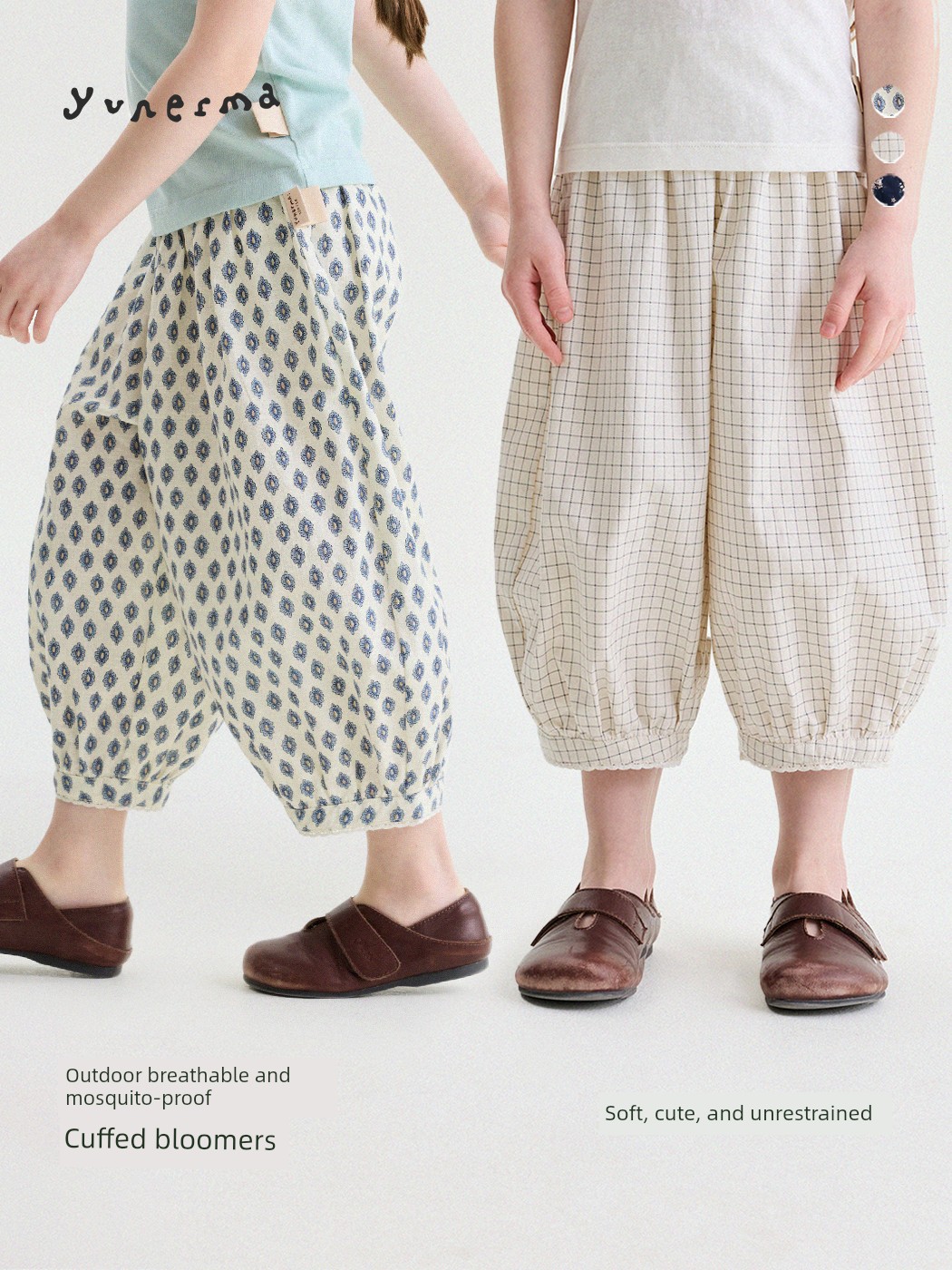 Yunerma Girls' Summer New Floral Plaid Lantern Pants Children's 2026 Versatile Casual Pants Pure Cotton 8-Point Pants