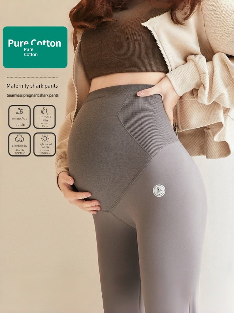 All-Cotton Maternity Leggings, Single-Layer, Non-Fleece, New Style, Seamless High-Waisted Shark Pants, Belly-Supporting Maternity Pants