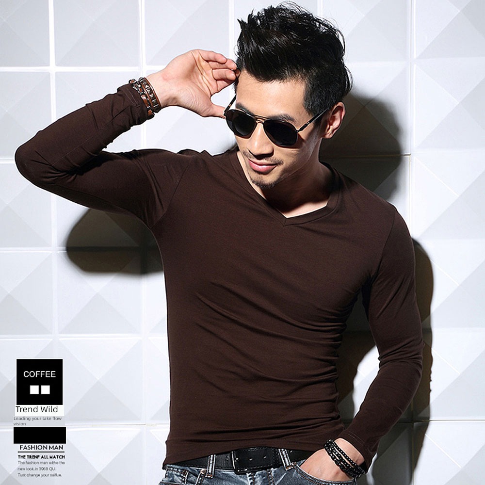 modal  man V-collar Tight fitting Undershirt Long sleeve T-shirt