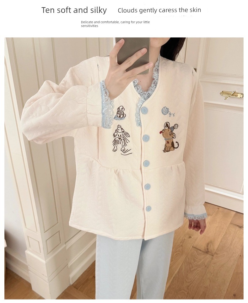 Spring, Autumn, and Winter Maternity Pajamas with Chest Pads, Thickened Air Cotton, No Need to Wear Underwear, Layered Maternity Sleepwear with Hood Set — 9