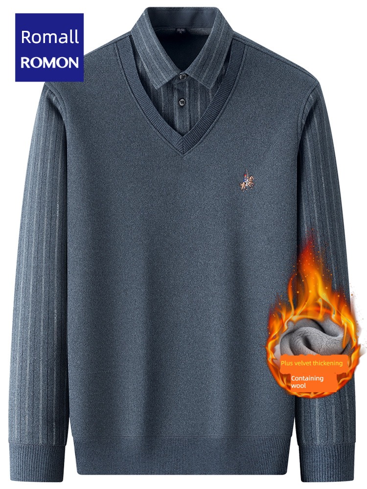 Containing wool Romon Autumn and winter Plush Fake two Sweater