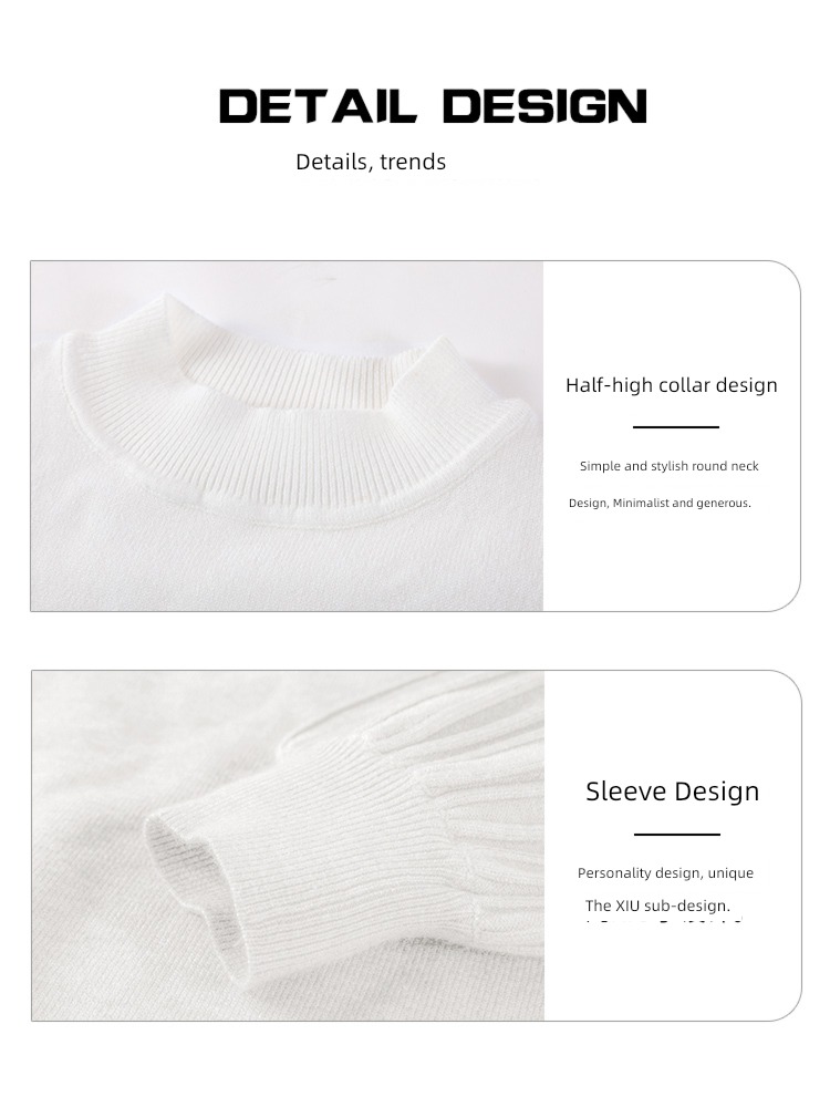 white ma'am Spring and Autumn High collar Inner lap Long sleeve sweater