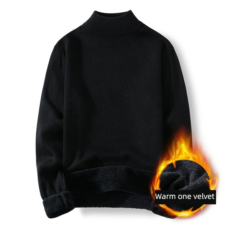 tide Plush Thickened section black Self-cultivation Middle collar sweater
