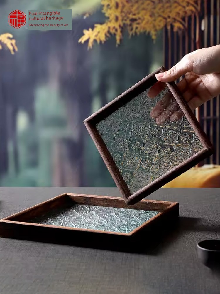 Cloisonné Begonia Flower Glass Tray Photo Frame Enamel Painting Board Tea Tray DIY Materials Intangible Cultural Heritage Decorative Ornaments