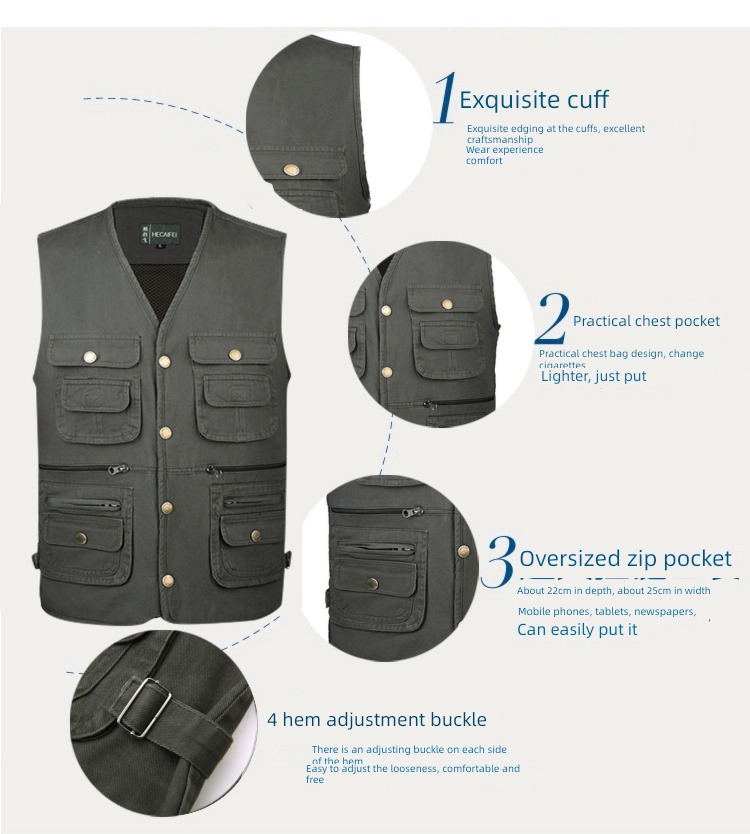 Cotton outdoors Middle aged and elderly man spring and autumn Multiple pockets Photography Vest easy vest washing pure cotton go fishing Vest