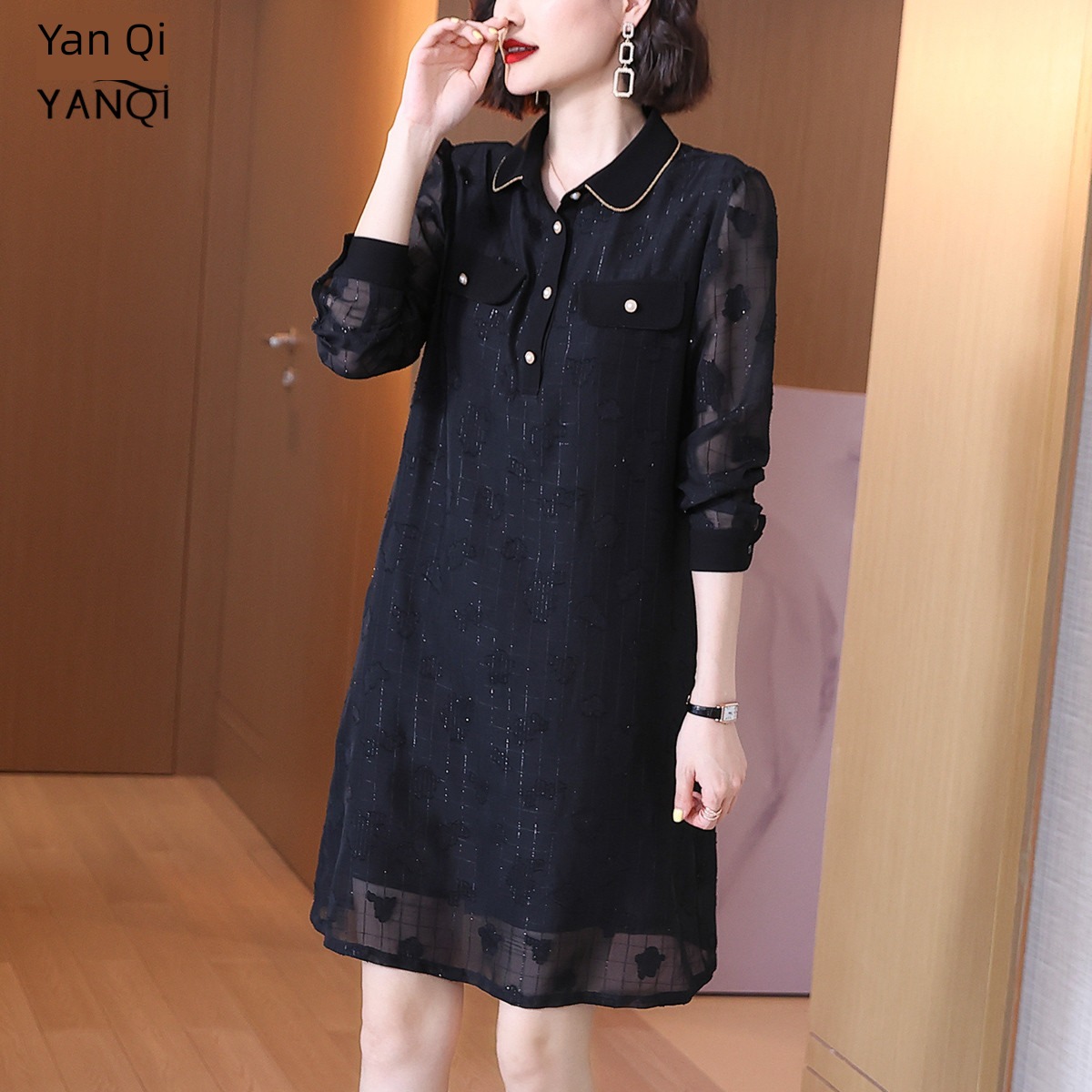Polo spring and autumn grace temperament Chiffon Long sleeve Dress