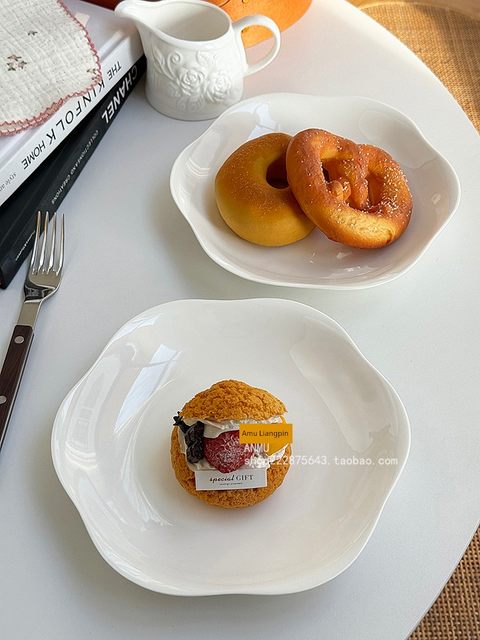 Export single minimalist high-end feel ins lace pure white ceramic tableware restaurant household dish plate