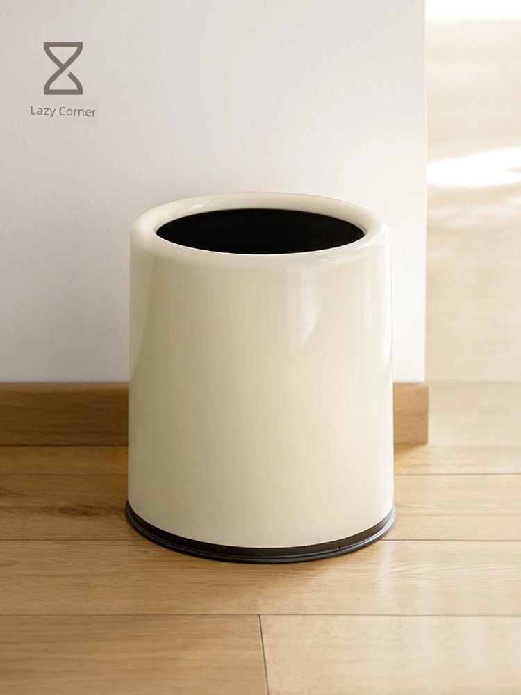 懶角落 圓桶形 無蓋 直投式 垃圾桶  10L 奶白色 家用 適用於臥室 廚房 衛生間