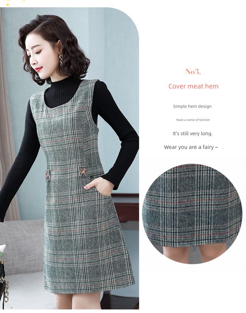 Autumn and winter Sleeveless Wool lattice Mother dress Dress
