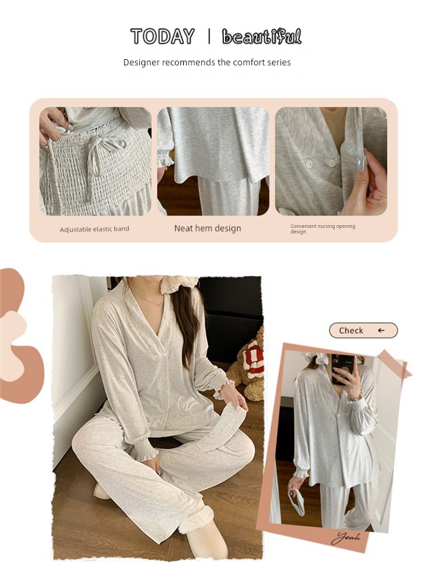 Free Hairband with Modal Maternity Pajamas for Women, Spring and Autumn Cool Nursing Postpartum Wear, Summer Thin Style with Breast Pads for Home Use — 14