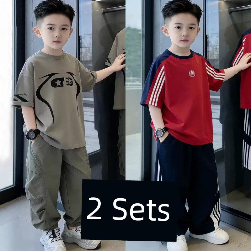 Boys' Short-Sleeve T-Shirt Set 2026 New Trendy Street Style Cool Children's Summer Outfit Boys' Clothing Big Kids Summer Two-Piece Set — 5