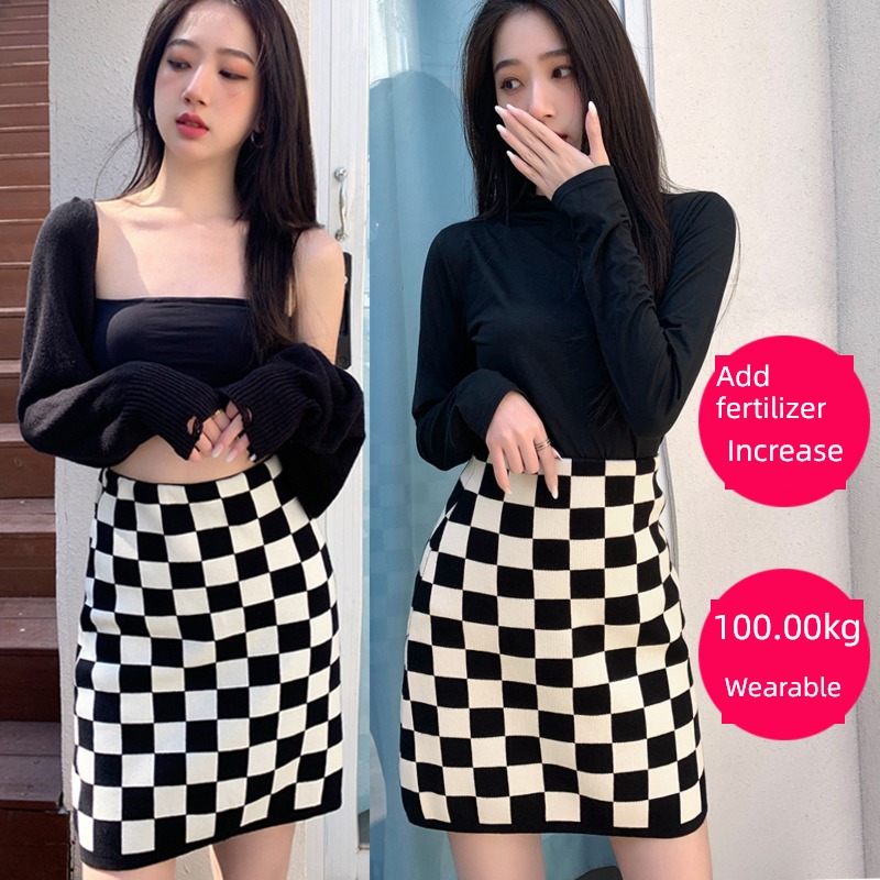 Big size Autumn and winter Chessboard knitting skirt