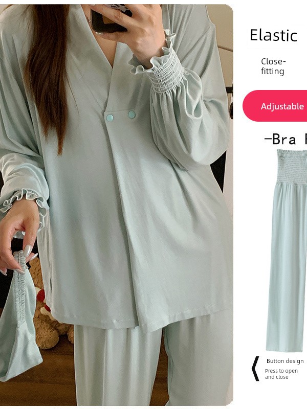 Free Hairband with Modal Maternity Pajamas for Women, Spring and Autumn Cool Nursing Postpartum Wear, Summer Thin Style with Breast Pads for Home Use — 2
